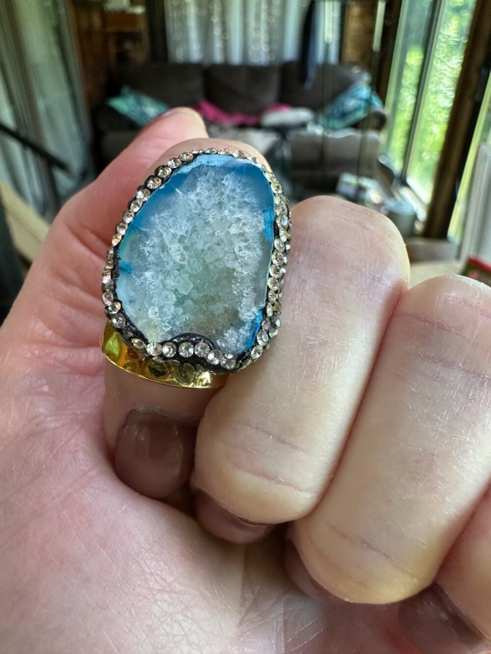 Blue Druzy Statement Ring Adjustable Gold Hammered Halo Faceted Stones Oversized